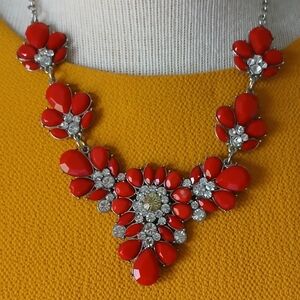 Red Floral Statement Necklace. Clear/ Yellow Crystal. Adjustable.